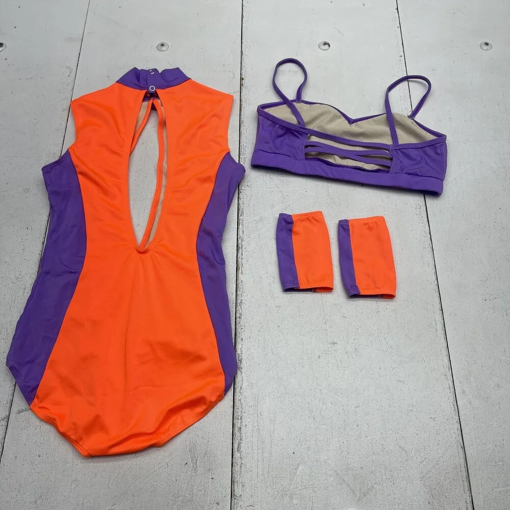 Stage Boutique Dance Leotard Set Girls XL Orange Purple Colorblock 4 Piece